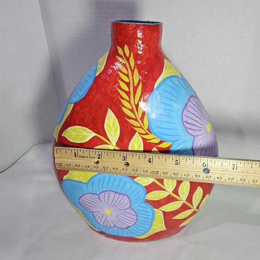 Folk Art Papier Mache Vase Haiti Signed Paper Mache Hand Painted Haitian Blaise